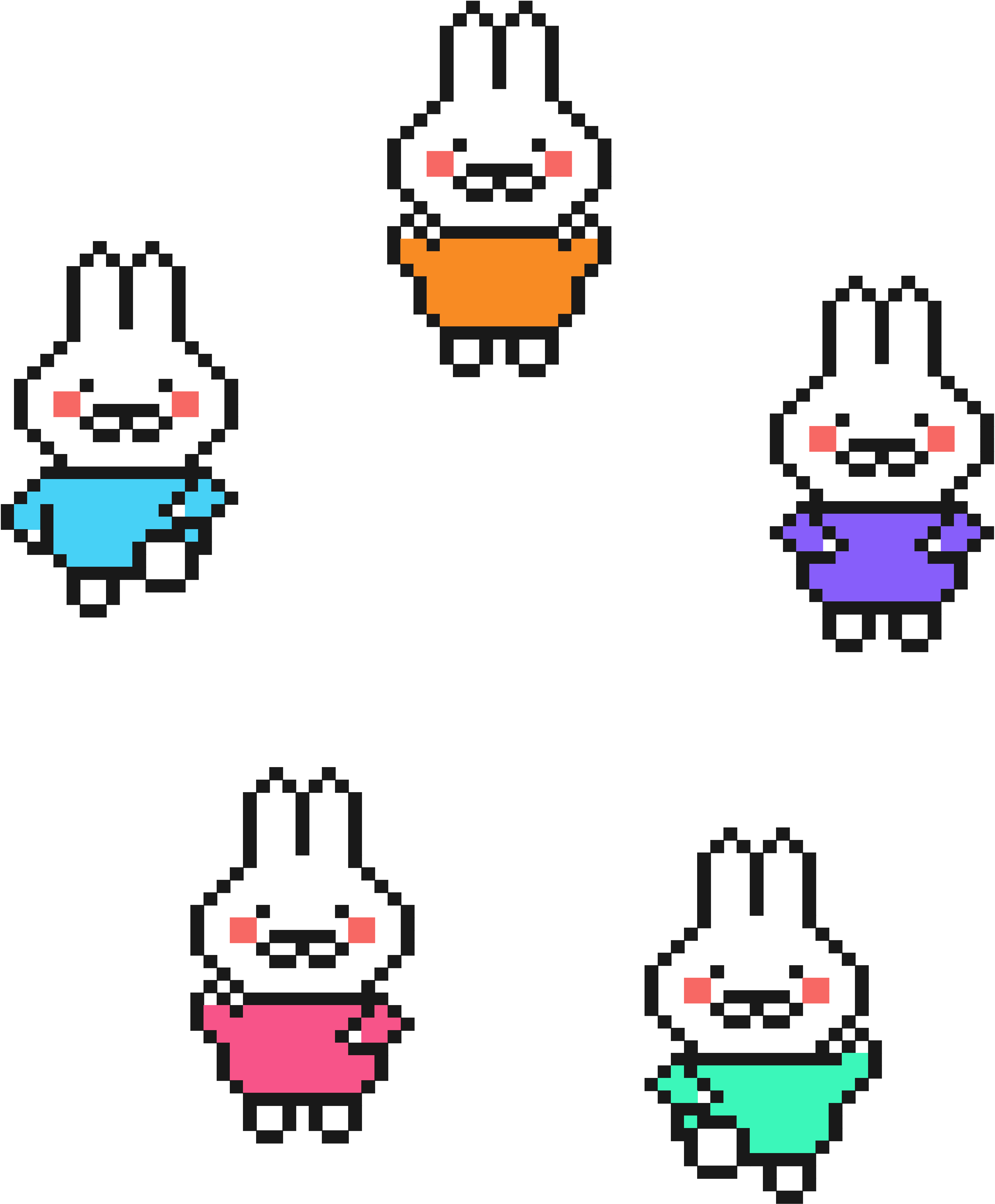 Circle of five bunnies in fun colored shirts